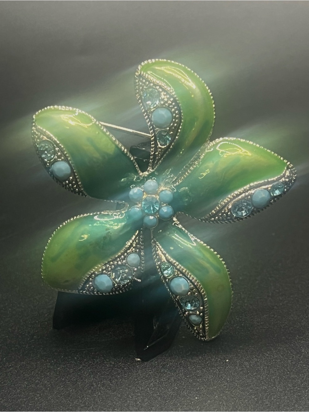 Vintage Monet Green Enamel Flower Brooch Blue Rhinestone Floral Pin